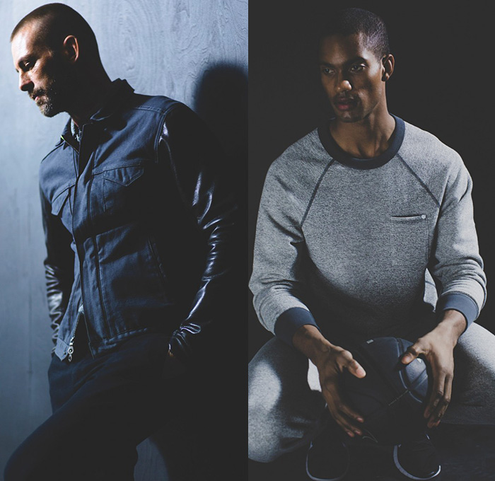 Baldwin Denim 2014-2015 Fall Autumn Winter Mens Lookbook Collection - Dark Wash Denim Jeans Dark Indigo Sweater Jumper Shawl Collar Multi-Panel Outerwear Jacket Sporty Jogging Sweatpants Knit Chunky Knit Bomber Varsity Jacket Hoodie Sweatshirt Pants Trousers Checks - Kansas City
