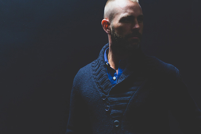 Baldwin Denim 2014-2015 Fall Autumn Winter Mens Lookbook Collection - Dark Wash Denim Jeans Dark Indigo Sweater Jumper Shawl Collar Multi-Panel Outerwear Jacket Sporty Jogging Sweatpants Knit Chunky Knit Bomber Varsity Jacket Hoodie Sweatshirt Pants Trousers Checks - Kansas City