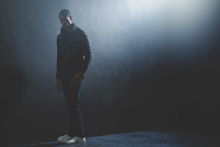 Baldwin Denim 2014-2015 Fall Autumn Winter Mens Lookbook Collection - Dark Wash Denim Jeans Dark Indigo Sweater Jumper Shawl Collar Multi-Panel Outerwear Jacket Sporty Jogging Sweatpants Knit Chunky Knit Bomber Varsity Jacket Hoodie Sweatshirt Pants Trousers Checks - Kansas City