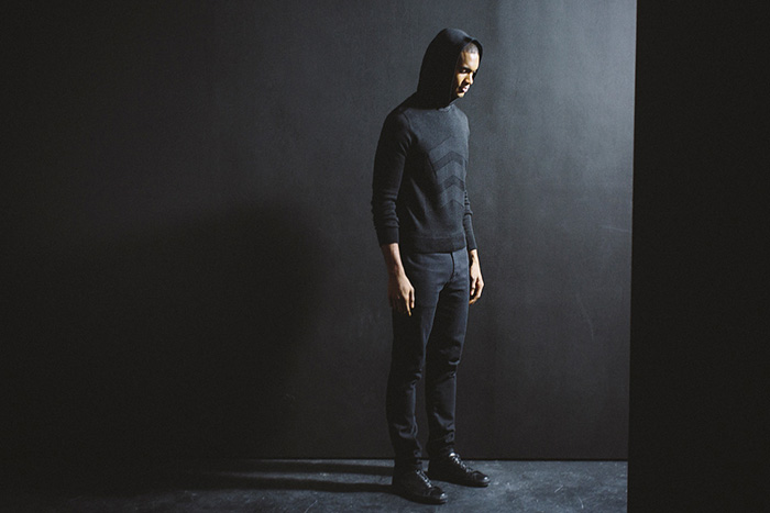 Baldwin Denim 2014-2015 Fall Autumn Winter Mens Lookbook Collection - Dark Wash Denim Jeans Dark Indigo Sweater Jumper Shawl Collar Multi-Panel Outerwear Jacket Sporty Jogging Sweatpants Knit Chunky Knit Bomber Varsity Jacket Hoodie Sweatshirt Pants Trousers Checks - Kansas City