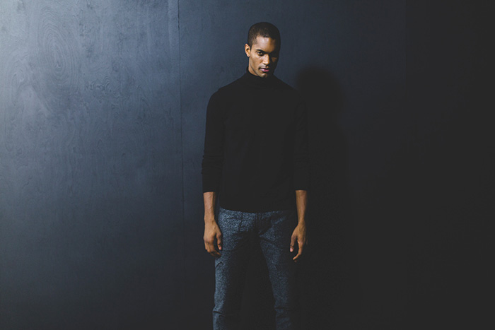 Baldwin Denim 2014-2015 Fall Autumn Winter Mens Lookbook Collection - Dark Wash Denim Jeans Dark Indigo Sweater Jumper Shawl Collar Multi-Panel Outerwear Jacket Sporty Jogging Sweatpants Knit Chunky Knit Bomber Varsity Jacket Hoodie Sweatshirt Pants Trousers Checks - Kansas City