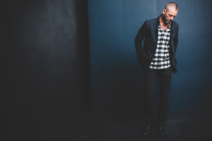 Baldwin Denim 2014-2015 Fall Autumn Winter Mens Lookbook Collection - Dark Wash Denim Jeans Dark Indigo Sweater Jumper Shawl Collar Multi-Panel Outerwear Jacket Sporty Jogging Sweatpants Knit Chunky Knit Bomber Varsity Jacket Hoodie Sweatshirt Pants Trousers Checks - Kansas City