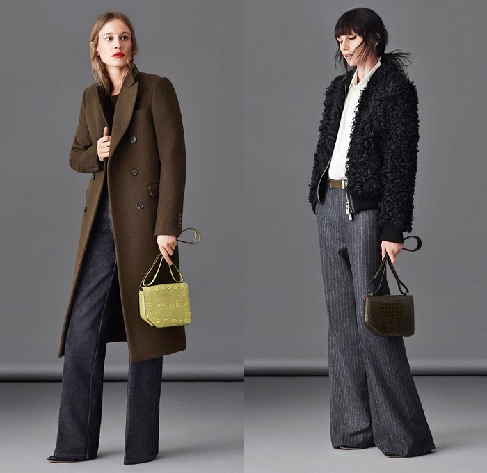 Bally 2014-2015 Fall Autumn Winter Womens Lookbook Presentation - Milano Moda Donna Milan Fashion Week - Camera Nazionale della Moda Italiana - Wide Leg Denim Jeans Palazzo Pants Outerwear Coat Topcoat Overcoat Pinstripe Masculine Pea Coat Poncho Cape Plaid Checks Knit Skirt Rock Leather Aviator Jacket Pencil Skirt Boots Turtleneck