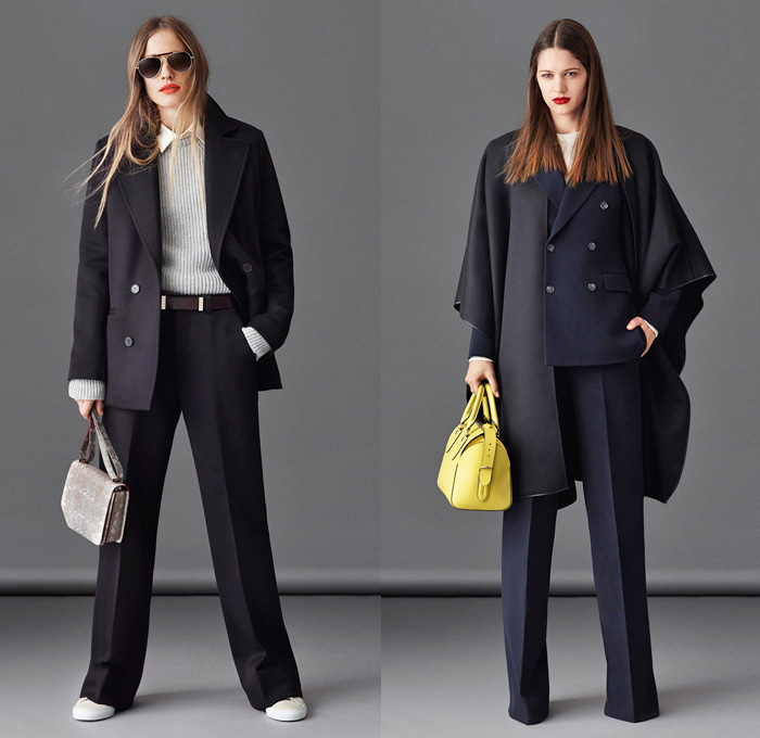 Bally 2014-2015 Fall Autumn Winter Womens Lookbook Presentation - Milano Moda Donna Milan Fashion Week - Camera Nazionale della Moda Italiana - Wide Leg Denim Jeans Palazzo Pants Outerwear Coat Topcoat Overcoat Pinstripe Masculine Pea Coat Poncho Cape Plaid Checks Knit Skirt Rock Leather Aviator Jacket Pencil Skirt Boots Turtleneck