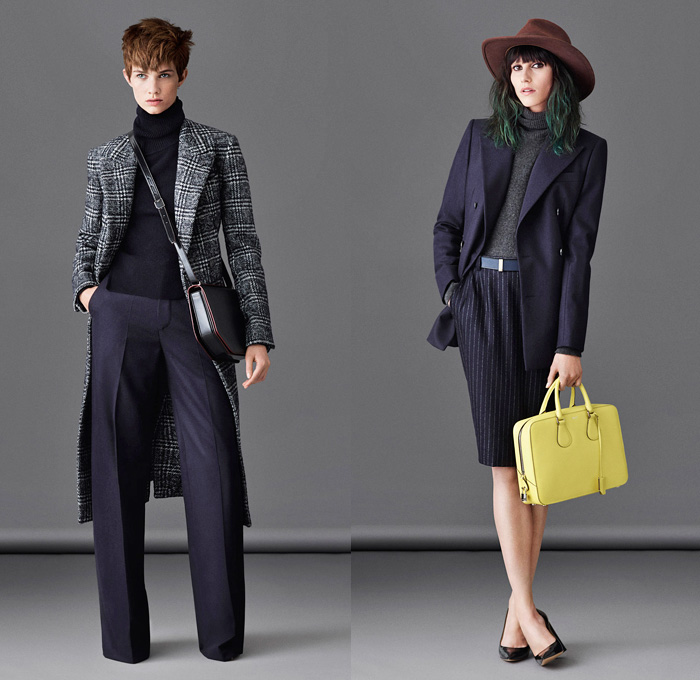 Bally 2014-2015 Fall Autumn Winter Womens Lookbook Presentation - Milano Moda Donna Milan Fashion Week - Camera Nazionale della Moda Italiana - Wide Leg Denim Jeans Palazzo Pants Outerwear Coat Topcoat Overcoat Pinstripe Masculine Pea Coat Poncho Cape Plaid Checks Knit Skirt Rock Leather Aviator Jacket Pencil Skirt Boots Turtleneck