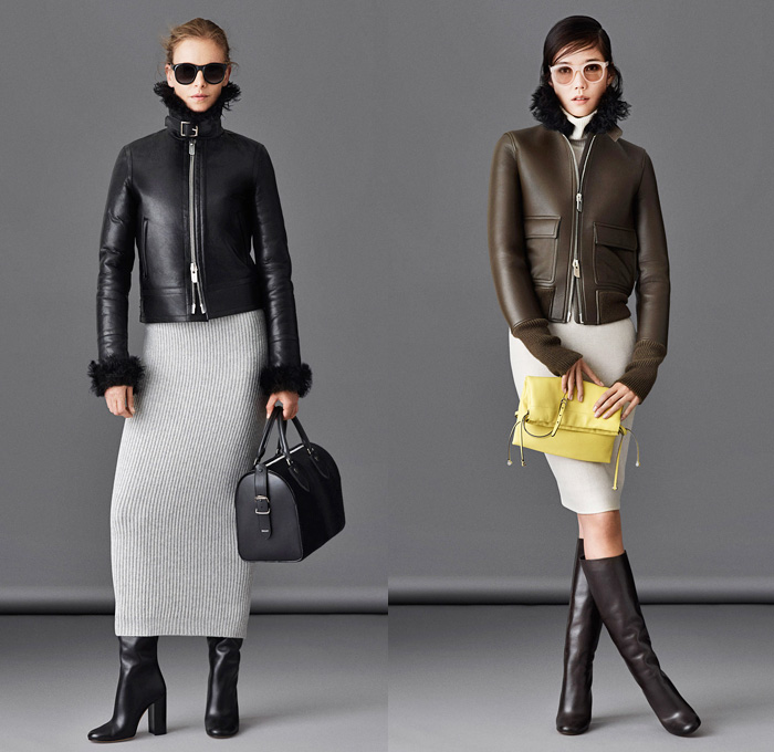 Bally 2014-2015 Fall Autumn Winter Womens Lookbook Presentation - Milano Moda Donna Milan Fashion Week - Camera Nazionale della Moda Italiana - Wide Leg Denim Jeans Palazzo Pants Outerwear Coat Topcoat Overcoat Pinstripe Masculine Pea Coat Poncho Cape Plaid Checks Knit Skirt Rock Leather Aviator Jacket Pencil Skirt Boots Turtleneck