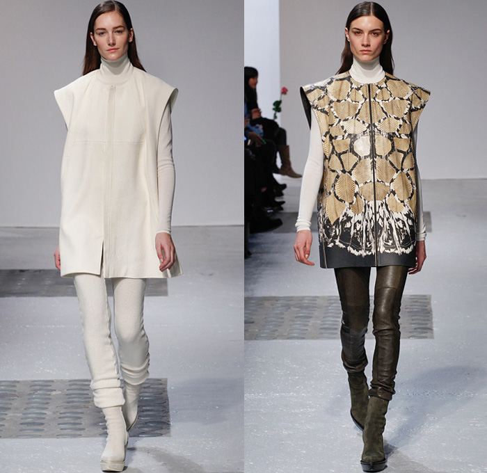 Barbara Bui 2014-2015 Fall Autumn Winter Womens Runway Looks - Paris Fashion Week Mode à Paris Prêt à Porter Défilés - Turtleneck Chunky Knit Weave Sweater Poncho Cape Outerwear Coat Fossils Skeletons Prehistoric Leather Gothic Metallic Studs Motorcycle Biker Furry Palazzo Pants Culottes Gauchos Oversized Reptile Python Snake Bomber Jacket Crop Top Midriff Sheer Chiffon Peekaboo Pantsuit Jacketdress Suitdress