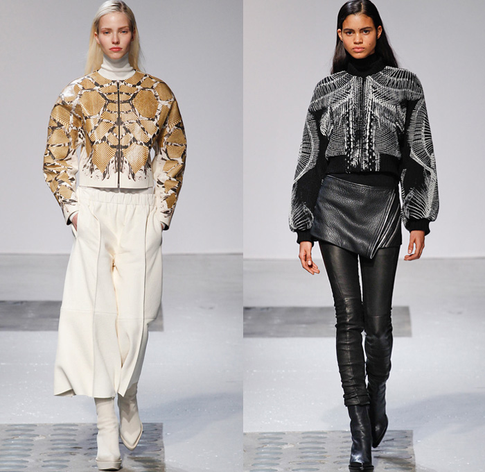 Barbara Bui 2014-2015 Fall Autumn Winter Womens Runway Looks - Paris Fashion Week Mode à Paris Prêt à Porter Défilés - Turtleneck Chunky Knit Weave Sweater Poncho Cape Outerwear Coat Fossils Skeletons Prehistoric Leather Gothic Metallic Studs Motorcycle Biker Furry Palazzo Pants Culottes Gauchos Oversized Reptile Python Snake Bomber Jacket Crop Top Midriff Sheer Chiffon Peekaboo Pantsuit Jacketdress Suitdress