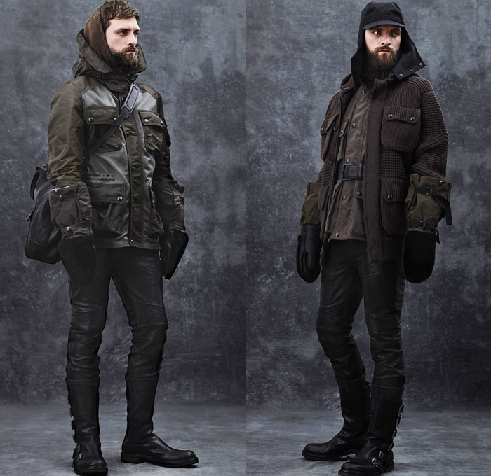 Belstaff 2014-2015 Fall Autumn Winter Mens Looks Fashion Presentation - Milano Moda Uomo Milan Fashion Week - Motorcycle Biker Rider Jeans Cargo Pockets Knit Sweater Jumper Scarf Field Jacket Outerwear Belt Gloves Military Aviator Ribbed Panel Hoodie Shearling Coveralls Jumpsuit Boiler Suit Overcoat Parka Poncho Cloak