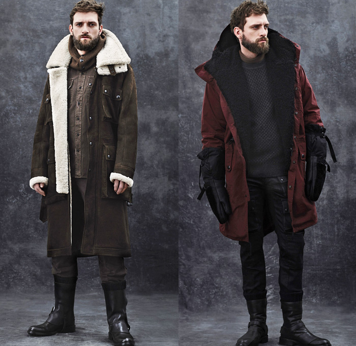 Belstaff 2014-2015 Fall Autumn Winter Mens Looks Fashion Presentation - Milano Moda Uomo Milan Fashion Week - Motorcycle Biker Rider Jeans Cargo Pockets Knit Sweater Jumper Scarf Field Jacket Outerwear Belt Gloves Military Aviator Ribbed Panel Hoodie Shearling Coveralls Jumpsuit Boiler Suit Overcoat Parka Poncho Cloak