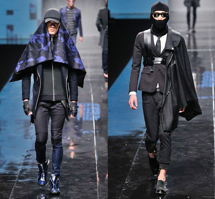 BLACKGATEONE 2014-2015 Fall Autumn Winter Mens Runway Looks - Shanghai Fashion Week China - Oversized Outerwear Coat Bomber Down Puffer Jacket Scarf Furry Wool Hoodie Zippers Skinny Leggings Cape Cloak Straps Necktie Suit Knit Cap Mask Motorcycle Biker Rider Gloves Camouflage Quilted Animal Spots Gold Silver Metallic Multi Panel Ornamental Print Decorative Art Socks With Sandals Knit Sweater Jumper Turtleneck Funnelneck Stripes Shorts Blazer Shorts