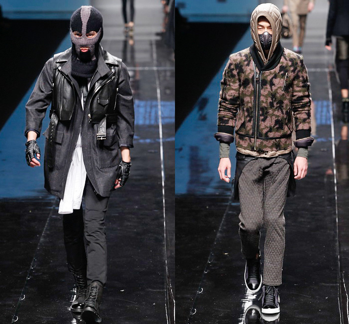 BLACKGATEONE 2014-2015 Fall Autumn Winter Mens Runway Looks - Shanghai Fashion Week China - Oversized Outerwear Coat Bomber Down Puffer Jacket Scarf Furry Wool Hoodie Zippers Skinny Leggings Cape Cloak Straps Necktie Suit Knit Cap Mask Motorcycle Biker Rider Gloves Camouflage Quilted Animal Spots Gold Silver Metallic Multi Panel Ornamental Print Decorative Art Socks With Sandals Knit Sweater Jumper Turtleneck Funnelneck Stripes Shorts Blazer Shorts