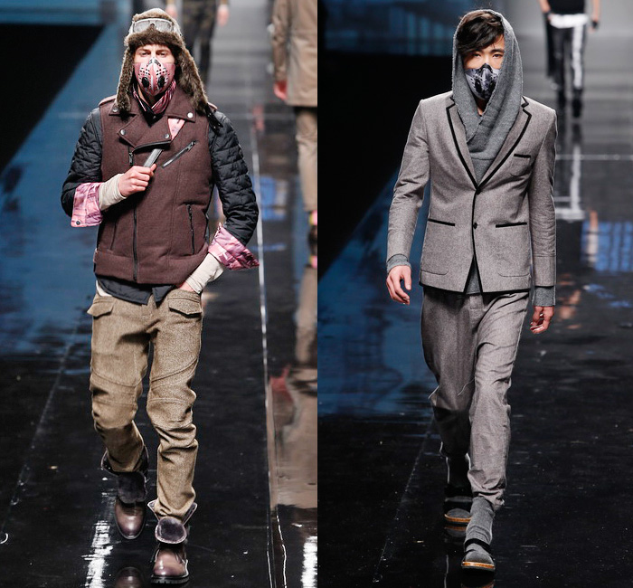 BLACKGATEONE 2014-2015 Fall Autumn Winter Mens Runway Looks - Shanghai Fashion Week China - Oversized Outerwear Coat Bomber Down Puffer Jacket Scarf Furry Wool Hoodie Zippers Skinny Leggings Cape Cloak Straps Necktie Suit Knit Cap Mask Motorcycle Biker Rider Gloves Camouflage Quilted Animal Spots Gold Silver Metallic Multi Panel Ornamental Print Decorative Art Socks With Sandals Knit Sweater Jumper Turtleneck Funnelneck Stripes Shorts Blazer Shorts