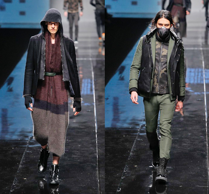 BLACKGATEONE 2014-2015 Fall Autumn Winter Mens Runway Looks - Shanghai Fashion Week China - Oversized Outerwear Coat Bomber Down Puffer Jacket Scarf Furry Wool Hoodie Zippers Skinny Leggings Cape Cloak Straps Necktie Suit Knit Cap Mask Motorcycle Biker Rider Gloves Camouflage Quilted Animal Spots Gold Silver Metallic Multi Panel Ornamental Print Decorative Art Socks With Sandals Knit Sweater Jumper Turtleneck Funnelneck Stripes Shorts Blazer Shorts