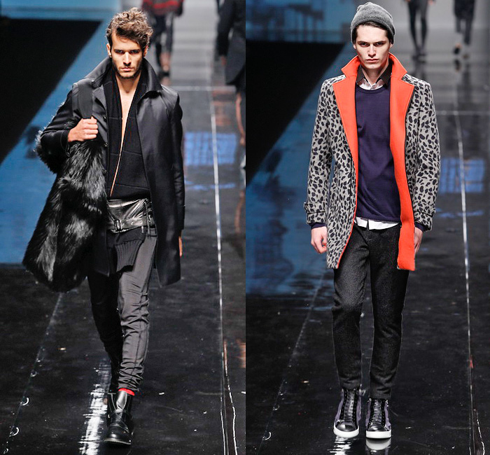 BLACKGATEONE 2014-2015 Fall Autumn Winter Mens Runway Looks - Shanghai Fashion Week China - Oversized Outerwear Coat Bomber Down Puffer Jacket Scarf Furry Wool Hoodie Zippers Skinny Leggings Cape Cloak Straps Necktie Suit Knit Cap Mask Motorcycle Biker Rider Gloves Camouflage Quilted Animal Spots Gold Silver Metallic Multi Panel Ornamental Print Decorative Art Socks With Sandals Knit Sweater Jumper Turtleneck Funnelneck Stripes Shorts Blazer Shorts