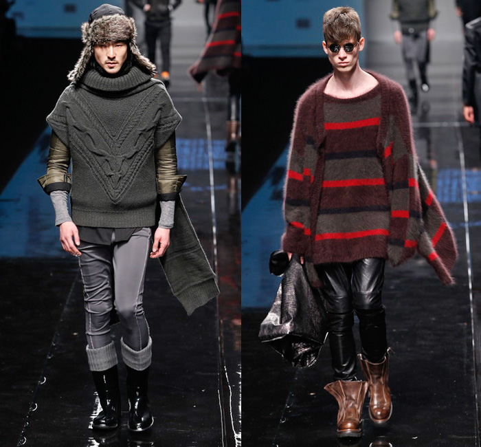BLACKGATEONE 2014-2015 Fall Autumn Winter Mens Runway Looks - Shanghai Fashion Week China - Oversized Outerwear Coat Bomber Down Puffer Jacket Scarf Furry Wool Hoodie Zippers Skinny Leggings Cape Cloak Straps Necktie Suit Knit Cap Mask Motorcycle Biker Rider Gloves Camouflage Quilted Animal Spots Gold Silver Metallic Multi Panel Ornamental Print Decorative Art Socks With Sandals Knit Sweater Jumper Turtleneck Funnelneck Stripes Shorts Blazer Shorts