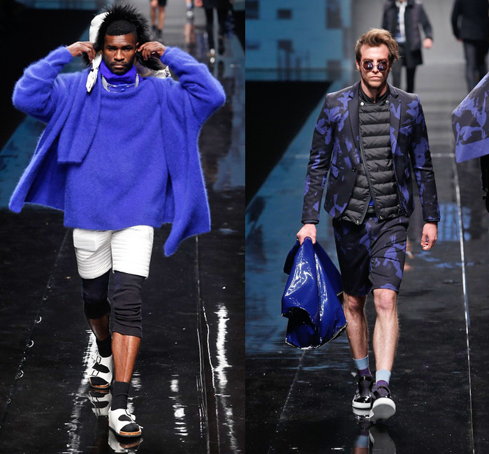 BLACKGATEONE 2014-2015 Fall Autumn Winter Mens Runway Looks - Shanghai Fashion Week China - Oversized Outerwear Coat Bomber Down Puffer Jacket Scarf Furry Wool Hoodie Zippers Skinny Leggings Cape Cloak Straps Necktie Suit Knit Cap Mask Motorcycle Biker Rider Gloves Camouflage Quilted Animal Spots Gold Silver Metallic Multi Panel Ornamental Print Decorative Art Socks With Sandals Knit Sweater Jumper Turtleneck Funnelneck Stripes Shorts Blazer Shorts