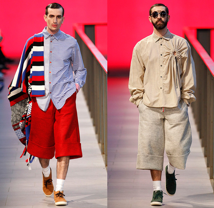 Brain&Beast 2014-2015 Fall Autumn Winter Mens Runway Looks - 080 Barcelona Fashion Week Spain - Denim Jeans Reverse Back Pocket Waistband Cuff Hem Ornamental Folk Ethnic Cloak Fringes Sweater Jumper Stripes Holes Drawstring Wide Leg Culottes Gauchos Shorts Oversized Outerwear Coat Abstract Motif Animal Safari Leopard Cheetah Heart Explosion