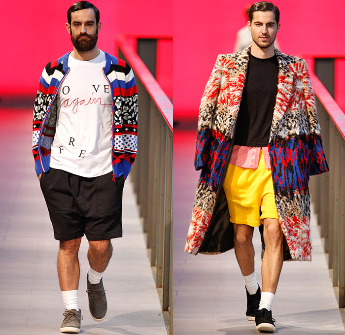 Brain&Beast 2014-2015 Fall Autumn Winter Mens Runway Looks - 080 Barcelona Fashion Week Spain - Denim Jeans Reverse Back Pocket Waistband Cuff Hem Ornamental Folk Ethnic Cloak Fringes Sweater Jumper Stripes Holes Drawstring Wide Leg Culottes Gauchos Shorts Oversized Outerwear Coat Abstract Motif Animal Safari Leopard Cheetah Heart Explosion