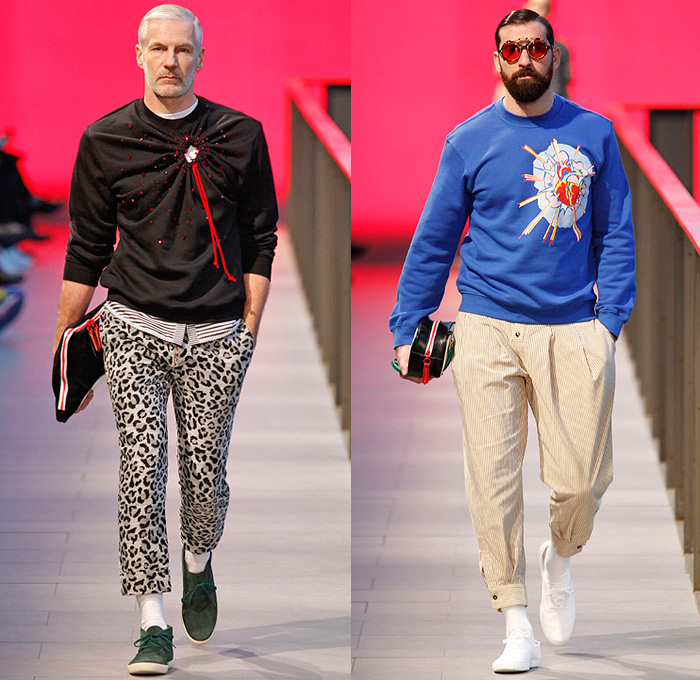 Brain&Beast 2014-2015 Fall Autumn Winter Mens Runway Looks - 080 Barcelona Fashion Week Spain - Denim Jeans Reverse Back Pocket Waistband Cuff Hem Ornamental Folk Ethnic Cloak Fringes Sweater Jumper Stripes Holes Drawstring Wide Leg Culottes Gauchos Shorts Oversized Outerwear Coat Abstract Motif Animal Safari Leopard Cheetah Heart Explosion