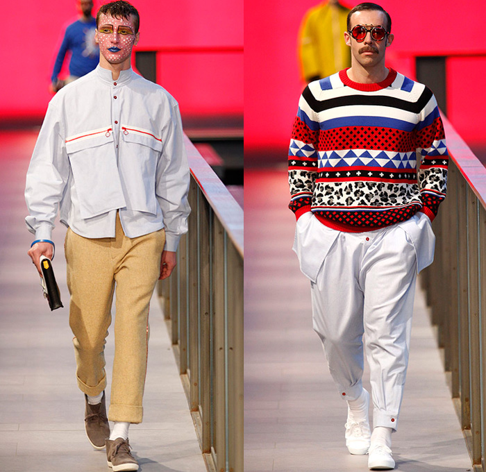 Brain&Beast 2014-2015 Fall Autumn Winter Mens Runway Looks - 080 Barcelona Fashion Week Spain - Denim Jeans Reverse Back Pocket Waistband Cuff Hem Ornamental Folk Ethnic Cloak Fringes Sweater Jumper Stripes Holes Drawstring Wide Leg Culottes Gauchos Shorts Oversized Outerwear Coat Abstract Motif Animal Safari Leopard Cheetah Heart Explosion