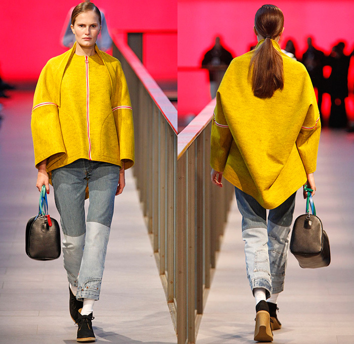 Brain&Beast 2014-2015 Fall Autumn Winter Womens Runway Looks - 080 Barcelona Fashion Week Spain - Denim Jeans Reverse Waistband Back Pocket Hem Outerwear Coat Jacket Bell Sleeves Stripes Shorts Bracelet Prints Leopard Cheetah Animal Safari Wide Leg Culottes Gauchos Peplum Ruffles Drapery Open Front Heart Sweater Jumper Asymmetrical