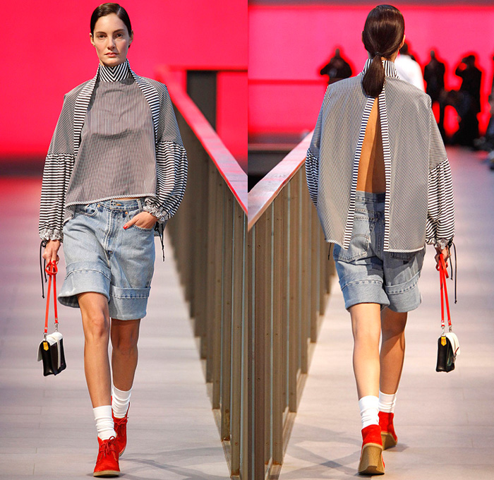 Brain&Beast 2014-2015 Fall Autumn Winter Womens Runway Looks - 080 Barcelona Fashion Week Spain - Denim Jeans Reverse Waistband Back Pocket Hem Outerwear Coat Jacket Bell Sleeves Stripes Shorts Bracelet Prints Leopard Cheetah Animal Safari Wide Leg Culottes Gauchos Peplum Ruffles Drapery Open Front Heart Sweater Jumper Asymmetrical