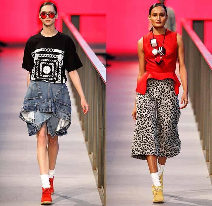 Brain&Beast 2014-2015 Fall Autumn Winter Womens Runway Looks - 080 Barcelona Fashion Week Spain - Denim Jeans Reverse Waistband Back Pocket Hem Outerwear Coat Jacket Bell Sleeves Stripes Shorts Bracelet Prints Leopard Cheetah Animal Safari Wide Leg Culottes Gauchos Peplum Ruffles Drapery Open Front Heart Sweater Jumper Asymmetrical