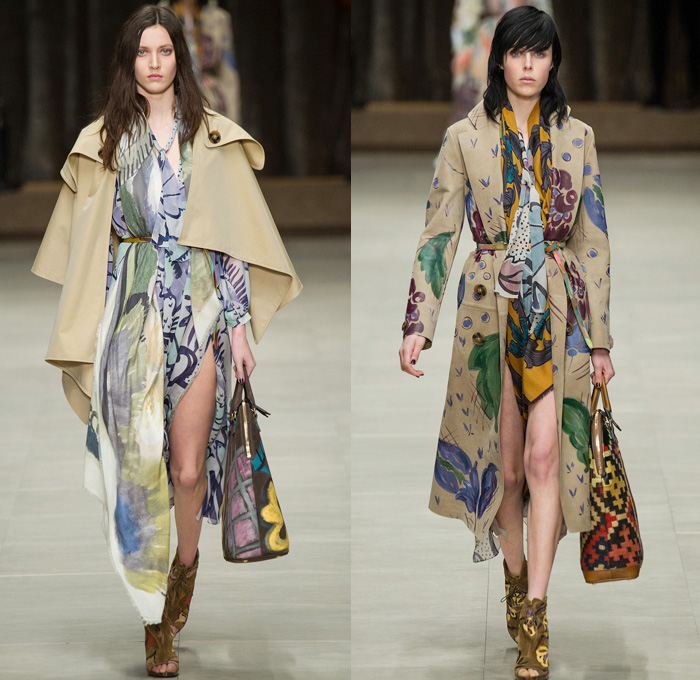 Burberry Prorsum 2014-2015 Fall Autumn Winter Womens Runway Looks - London Fashion Week Catwalk England British UK - Drapery Flowers Florals Scarf Outerwear Trench Pea Coat Topcoat Overcoat Ornamental Print Decorative Art Foliage Artwork Brushstrokes Painting Shearling Shawl Multi-Panel Lace Sheer Chiffon Peekaboo Tulle Net Dress