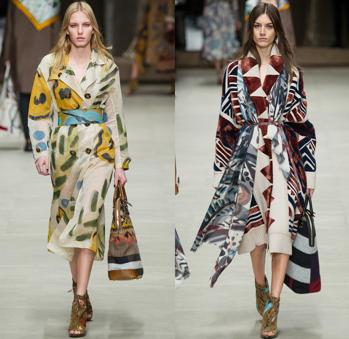 Burberry Prorsum 2014-2015 Fall Autumn Winter Womens Runway Looks - London Fashion Week Catwalk England British UK - Drapery Flowers Florals Scarf Outerwear Trench Pea Coat Topcoat Overcoat Ornamental Print Decorative Art Foliage Artwork Brushstrokes Painting Shearling Shawl Multi-Panel Lace Sheer Chiffon Peekaboo Tulle Net Dress