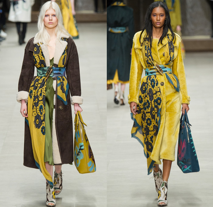 Burberry Prorsum 2014-2015 Fall Autumn Winter Womens Runway Looks - London Fashion Week Catwalk England British UK - Drapery Flowers Florals Scarf Outerwear Trench Pea Coat Topcoat Overcoat Ornamental Print Decorative Art Foliage Artwork Brushstrokes Painting Shearling Shawl Multi-Panel Lace Sheer Chiffon Peekaboo Tulle Net Dress