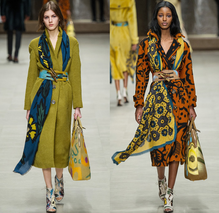 Burberry Prorsum 2014-2015 Fall Autumn Winter Womens Runway Looks - London Fashion Week Catwalk England British UK - Drapery Flowers Florals Scarf Outerwear Trench Pea Coat Topcoat Overcoat Ornamental Print Decorative Art Foliage Artwork Brushstrokes Painting Shearling Shawl Multi-Panel Lace Sheer Chiffon Peekaboo Tulle Net Dress