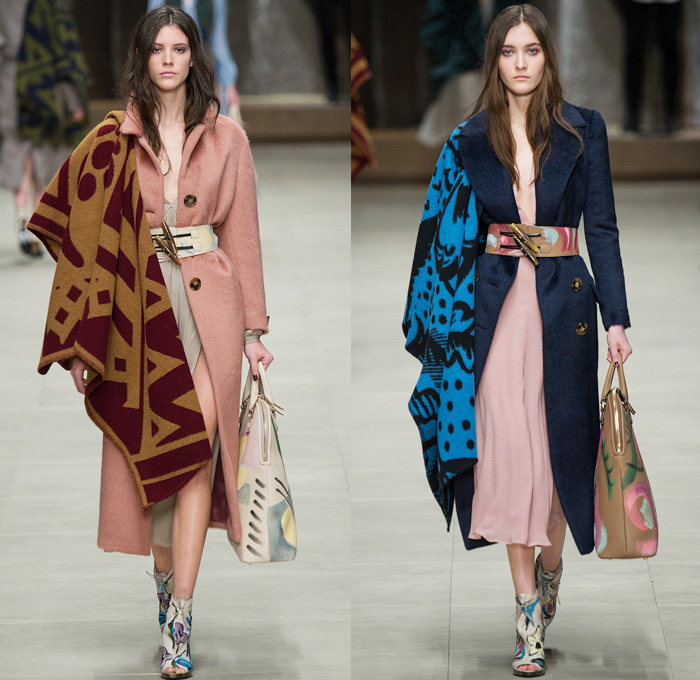 Burberry Prorsum 2014-2015 Fall Autumn Winter Womens Runway Looks - London Fashion Week Catwalk England British UK - Drapery Flowers Florals Scarf Outerwear Trench Pea Coat Topcoat Overcoat Ornamental Print Decorative Art Foliage Artwork Brushstrokes Painting Shearling Shawl Multi-Panel Lace Sheer Chiffon Peekaboo Tulle Net Dress