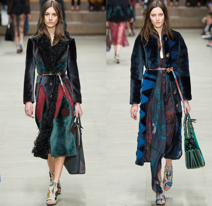 Burberry Prorsum 2014-2015 Fall Autumn Winter Womens Runway Looks - London Fashion Week Catwalk England British UK - Drapery Flowers Florals Scarf Outerwear Trench Pea Coat Topcoat Overcoat Ornamental Print Decorative Art Foliage Artwork Brushstrokes Painting Shearling Shawl Multi-Panel Lace Sheer Chiffon Peekaboo Tulle Net Dress