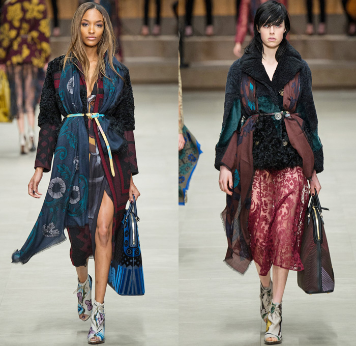 Burberry Prorsum 2014-2015 Fall Autumn Winter Womens Runway Looks - London Fashion Week Catwalk England British UK - Drapery Flowers Florals Scarf Outerwear Trench Pea Coat Topcoat Overcoat Ornamental Print Decorative Art Foliage Artwork Brushstrokes Painting Shearling Shawl Multi-Panel Lace Sheer Chiffon Peekaboo Tulle Net Dress