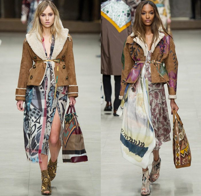 Burberry Prorsum 2014-2015 Fall Autumn Winter Womens Runway Looks - London Fashion Week Catwalk England British UK - Drapery Flowers Florals Scarf Outerwear Trench Pea Coat Topcoat Overcoat Ornamental Print Decorative Art Foliage Artwork Brushstrokes Painting Shearling Shawl Multi-Panel Lace Sheer Chiffon Peekaboo Tulle Net Dress