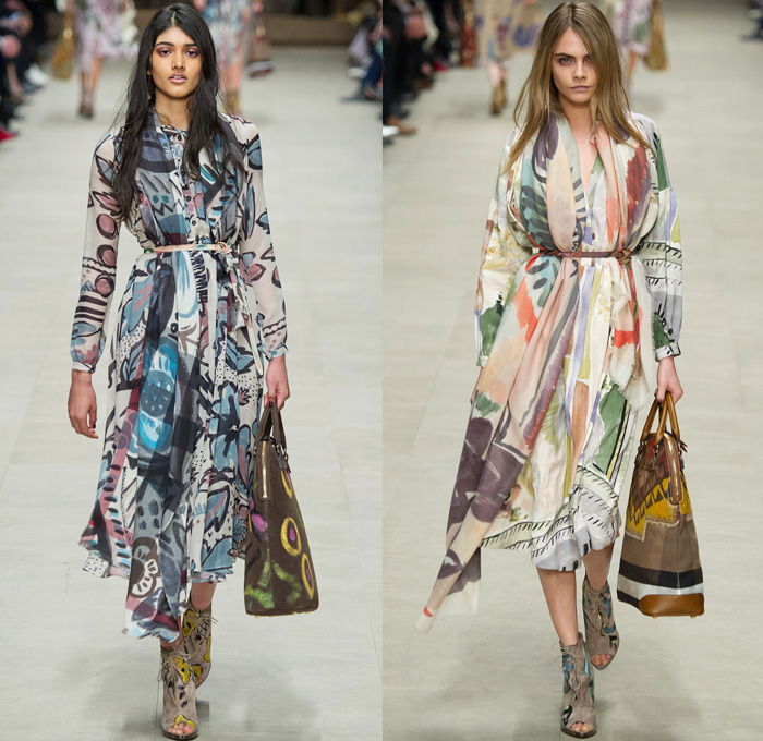 Burberry Prorsum 2014-2015 Fall Autumn Winter Womens Runway Looks - London Fashion Week Catwalk England British UK - Drapery Flowers Florals Scarf Outerwear Trench Pea Coat Topcoat Overcoat Ornamental Print Decorative Art Foliage Artwork Brushstrokes Painting Shearling Shawl Multi-Panel Lace Sheer Chiffon Peekaboo Tulle Net Dress