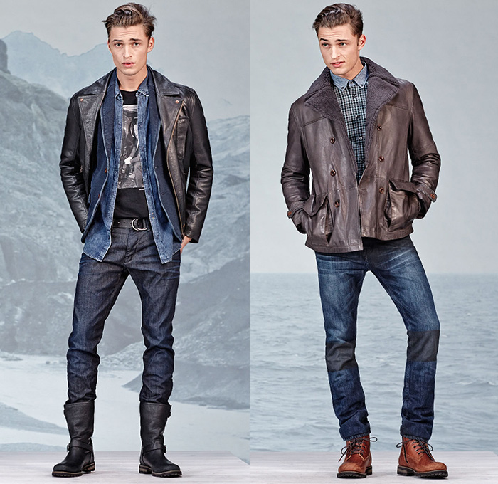 BOSS Orange 2014-2015 Fall Autumn Winter Mens Lookbook Collection - HUGO BOSS Germany - Denim Jeans Outerwear Jacket Shirt Boots Bow Tie Vintage Distressed Destroyed Destructed Moto Motorcycle Biker Rider Layers Wool Shearling Knee Panel Outdoorsman Parka Knit Cardigan Turtleneck Treatment Leather Vest Waistcoat Multi-Panel Coated Waxed
