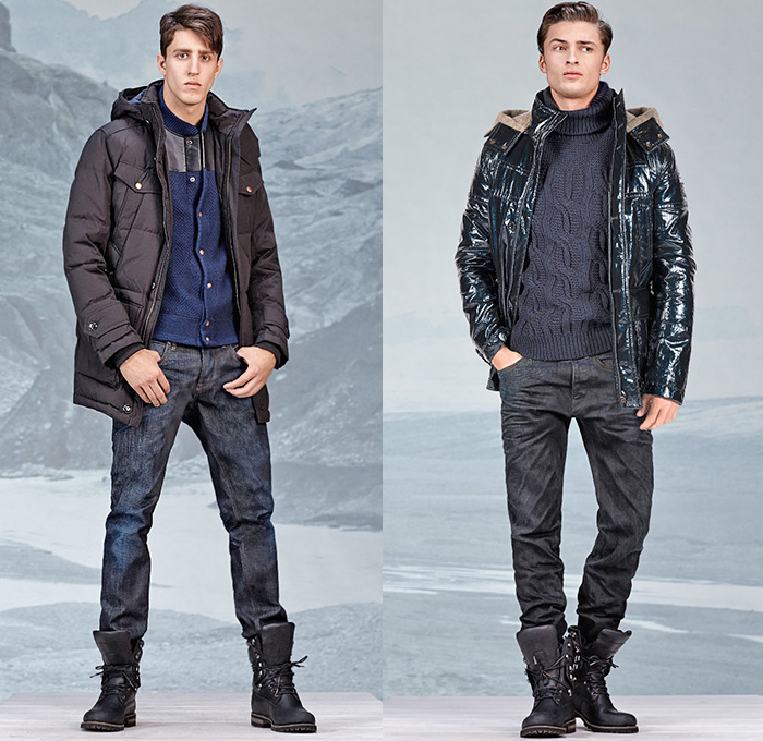 BOSS Orange 2014-2015 Fall Autumn Winter Mens Lookbook Collection - HUGO BOSS Germany - Denim Jeans Outerwear Jacket Shirt Boots Bow Tie Vintage Distressed Destroyed Destructed Moto Motorcycle Biker Rider Layers Wool Shearling Knee Panel Outdoorsman Parka Knit Cardigan Turtleneck Treatment Leather Vest Waistcoat Multi-Panel Coated Waxed