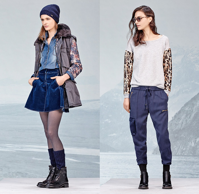 BOSS Orange 2014-2015 Fall Autumn Winter Womens Lookbook Collection - HUGO BOSS Germany Denim Jeans Outerwear Trench Coat Plaid Necktie Embossed Engraved Knit Cap Beanie Leopard Animal Spots Safari Jungle Flowers Florals Botanical Print Graphic Skinny Leather Multi-Panel Knit Chunky Knit Sweater Jumper Hanging Sleeve Sneakers Trainers Skirt Miniskirt Frock Velvet Jogging Sweatpants Cargo Pockets Dress