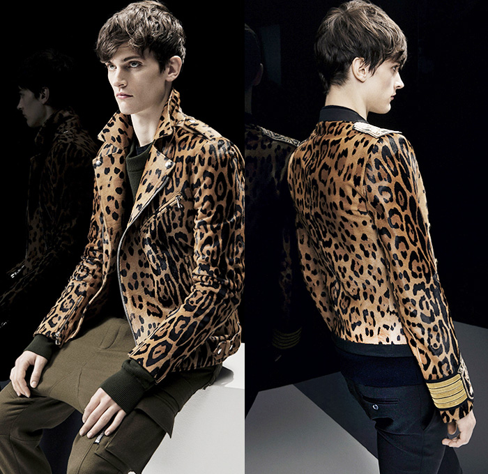 Balmain 2014-2015 Fall Autumn Winter Mens Lookbook Presentation - Animal Spots Leopard Zebra Jungle Safari Print Motif Motorcycle Biker Rider Outerwear Coat Slouchy Cargo Pockets Military Officer Bomber Varsity Tuxedo Cocktail Smoking Puffer Down Field Jacket Zebra Stripes Black Peacoat Chunky Knit Ribbed Panels Camouflage Urban Patches Emblems Leather Shearling Furry Quilted Rib Cage Ribbed Jogging Sweatpants Weave Parka Hoodie Asymmetrical Kimono - Paris France Fashion