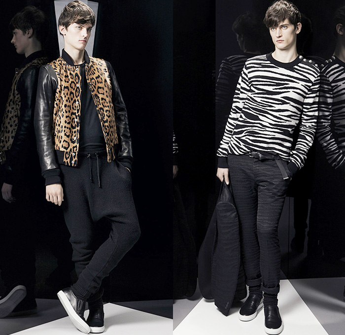 Balmain 2014-2015 Fall Autumn Winter Mens Lookbook Presentation - Animal Spots Leopard Zebra Jungle Safari Print Motif Motorcycle Biker Rider Outerwear Coat Slouchy Cargo Pockets Military Officer Bomber Varsity Tuxedo Cocktail Smoking Puffer Down Field Jacket Zebra Stripes Black Peacoat Chunky Knit Ribbed Panels Camouflage Urban Patches Emblems Leather Shearling Furry Quilted Rib Cage Ribbed Jogging Sweatpants Weave Parka Hoodie Asymmetrical Kimono - Paris France Fashion