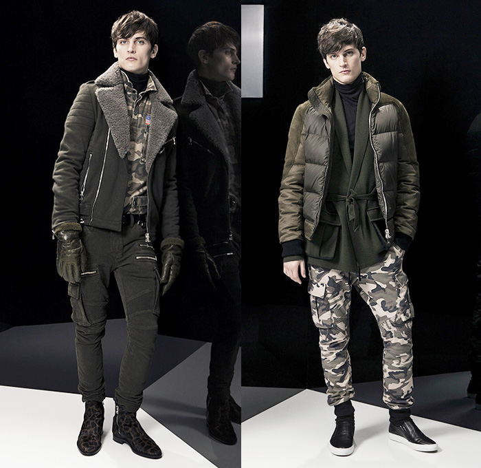 Balmain 2014-2015 Fall Autumn Winter Mens Lookbook Presentation - Animal Spots Leopard Zebra Jungle Safari Print Motif Motorcycle Biker Rider Outerwear Coat Slouchy Cargo Pockets Military Officer Bomber Varsity Tuxedo Cocktail Smoking Puffer Down Field Jacket Zebra Stripes Black Peacoat Chunky Knit Ribbed Panels Camouflage Urban Patches Emblems Leather Shearling Furry Quilted Rib Cage Ribbed Jogging Sweatpants Weave Parka Hoodie Asymmetrical Kimono - Paris France Fashion