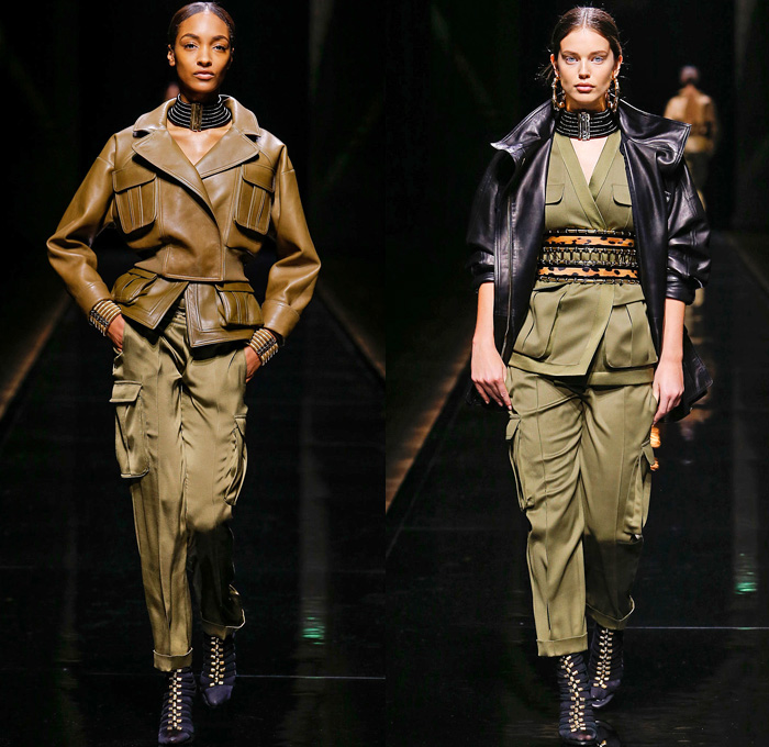 Balmain 2014-2015 Fall Autumn Winter Womens Runway Looks - Paris Fashion Week Mode à Paris Prêt à Porter Défilés - Safari Cargo Pockets Pants Outerwear Coat Desert Jungle Kimono Wrap Robe Zebra Ribbon Bow Tie Leather Hoodie Parka One Shoulder Crop Top Midriff Motorcycle Biker Rider Studs Embroidery Peplum Drapery Stripes Leopard Cheetah Dress Skirt Frock Weave Tights Stockings Circle Poodle Skirt Zigzag Crochet