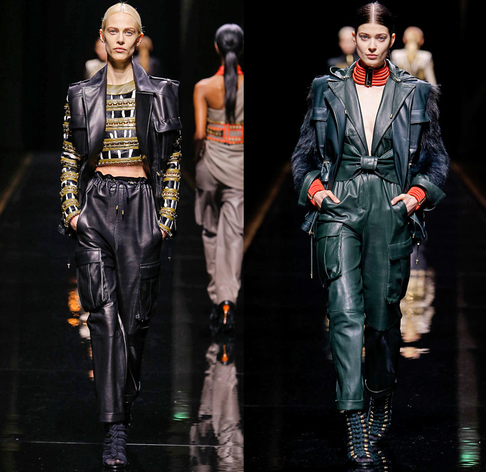 Balmain 2014-2015 Fall Autumn Winter Womens Runway Looks - Paris Fashion Week Mode à Paris Prêt à Porter Défilés - Safari Cargo Pockets Pants Outerwear Coat Desert Jungle Kimono Wrap Robe Zebra Ribbon Bow Tie Leather Hoodie Parka One Shoulder Crop Top Midriff Motorcycle Biker Rider Studs Embroidery Peplum Drapery Stripes Leopard Cheetah Dress Skirt Frock Weave Tights Stockings Circle Poodle Skirt Zigzag Crochet