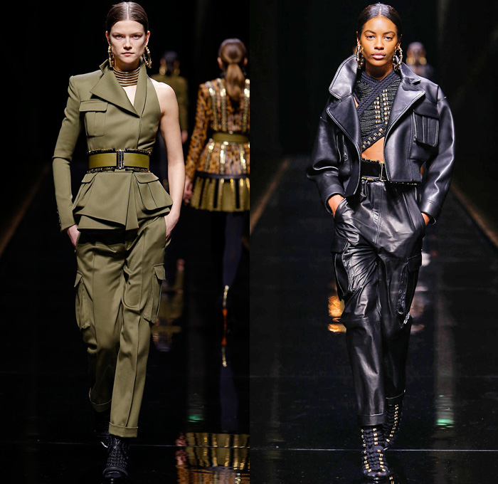 Balmain 2014-2015 Fall Autumn Winter Womens Runway Looks - Paris Fashion Week Mode à Paris Prêt à Porter Défilés - Safari Cargo Pockets Pants Outerwear Coat Desert Jungle Kimono Wrap Robe Zebra Ribbon Bow Tie Leather Hoodie Parka One Shoulder Crop Top Midriff Motorcycle Biker Rider Studs Embroidery Peplum Drapery Stripes Leopard Cheetah Dress Skirt Frock Weave Tights Stockings Circle Poodle Skirt Zigzag Crochet