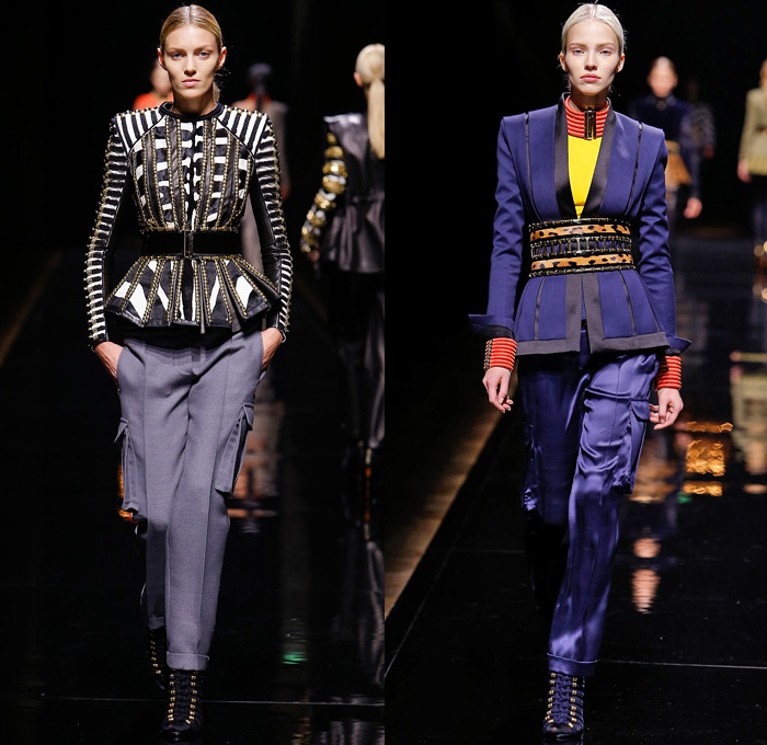 Balmain 2014-2015 Fall Autumn Winter Womens Runway Looks - Paris Fashion Week Mode à Paris Prêt à Porter Défilés - Safari Cargo Pockets Pants Outerwear Coat Desert Jungle Kimono Wrap Robe Zebra Ribbon Bow Tie Leather Hoodie Parka One Shoulder Crop Top Midriff Motorcycle Biker Rider Studs Embroidery Peplum Drapery Stripes Leopard Cheetah Dress Skirt Frock Weave Tights Stockings Circle Poodle Skirt Zigzag Crochet