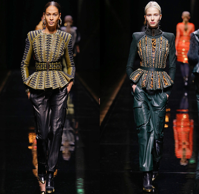 Balmain 2014-2015 Fall Autumn Winter Womens Runway Looks - Paris Fashion Week Mode à Paris Prêt à Porter Défilés - Safari Cargo Pockets Pants Outerwear Coat Desert Jungle Kimono Wrap Robe Zebra Ribbon Bow Tie Leather Hoodie Parka One Shoulder Crop Top Midriff Motorcycle Biker Rider Studs Embroidery Peplum Drapery Stripes Leopard Cheetah Dress Skirt Frock Weave Tights Stockings Circle Poodle Skirt Zigzag Crochet