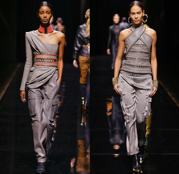 Balmain 2014-2015 Fall Autumn Winter Womens Runway Looks - Paris Fashion Week Mode à Paris Prêt à Porter Défilés - Safari Cargo Pockets Pants Outerwear Coat Desert Jungle Kimono Wrap Robe Zebra Ribbon Bow Tie Leather Hoodie Parka One Shoulder Crop Top Midriff Motorcycle Biker Rider Studs Embroidery Peplum Drapery Stripes Leopard Cheetah Dress Skirt Frock Weave Tights Stockings Circle Poodle Skirt Zigzag Crochet