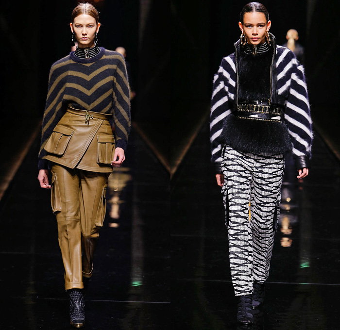 Balmain 2014-2015 Fall Autumn Winter Womens Runway Looks - Paris Fashion Week Mode à Paris Prêt à Porter Défilés - Safari Cargo Pockets Pants Outerwear Coat Desert Jungle Kimono Wrap Robe Zebra Ribbon Bow Tie Leather Hoodie Parka One Shoulder Crop Top Midriff Motorcycle Biker Rider Studs Embroidery Peplum Drapery Stripes Leopard Cheetah Dress Skirt Frock Weave Tights Stockings Circle Poodle Skirt Zigzag Crochet